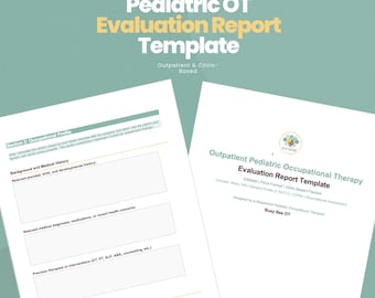 Puede incluir: Dos documentos blancos de Plantilla de Informe de Evaluación de Terapia Ocupacional Pediátrica OT sobre un fondo turquesa. El documento superior dice "Diseñado por un OT Pediátrico" y "Ambulatorio y basado en clínica". El documento inferior se titula "Plantilla de Informe de Evaluación de Terapia Ocupacional Pediátrica Ambulatoria".