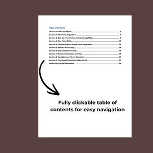 Puede incluir: Una p&aacute;gina de documento blanca que presenta una tabla de contenido con nueve secciones, incluyendo regulaci&oacute;n emocional, autocuidado, motricidad fina y transiciones funcionales. Una flecha negra se&ntilde;ala el texto: Fully clickable table of contents for easy navigation.