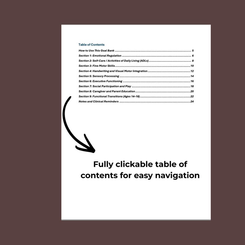 Puede incluir: Una p&aacute;gina de documento blanca que presenta una tabla de contenido con nueve secciones, incluyendo regulaci&oacute;n emocional, autocuidado, motricidad fina y transiciones funcionales. Una flecha negra se&ntilde;ala el texto: Fully clickable table of contents for easy navigation.