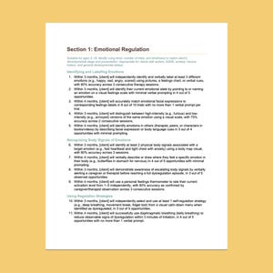 Puede incluir: Un documento blanco titulado Section 1: Emotional Regulation, que presenta una lista de once objetivos terap&eacute;uticos numerados. El texto describe objetivos para identificar, etiquetar y reconocer emociones y se&ntilde;ales corporales, adem&aacute;s de estrategias de regulaci&oacute;n.