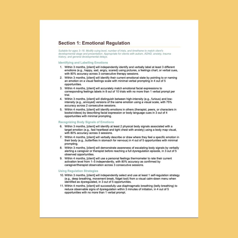 Puede incluir: Un documento blanco titulado Section 1: Emotional Regulation, que presenta una lista de once objetivos terap&eacute;uticos numerados. El texto describe objetivos para identificar, etiquetar y reconocer emociones y se&ntilde;ales corporales, adem&aacute;s de estrategias de regulaci&oacute;n.