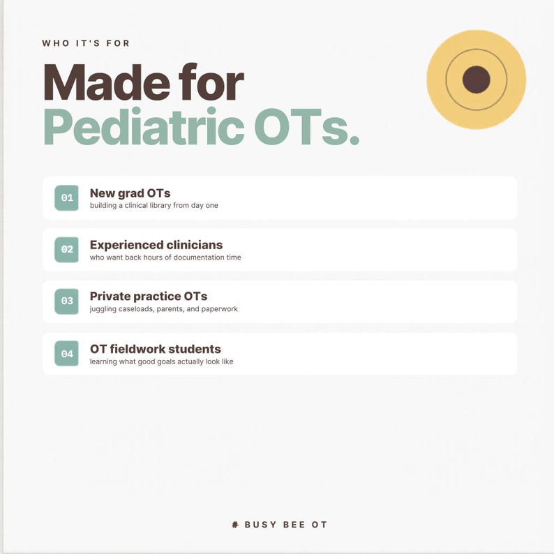 Puede incluir: Un gr&aacute;fico informativo blanco titulado Made for Pediatric OTs. Enumera cuatro categor&iacute;as: New grad OTs, Experienced clinicians, Private practice OTs y OT fieldwork students, cada una con una breve descripci&oacute;n. Un icono de c&iacute;rculo amarillo est&aacute; en la parte superior derecha.