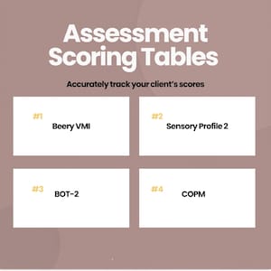 May include: A graphic with the text "Assessment Scoring Tables" and "Accurately track your client's scores." Four white rectangles display the titles: Beery VMI, Sensory Profile 2, BOT-2, and COPM. The background is a muted brown.