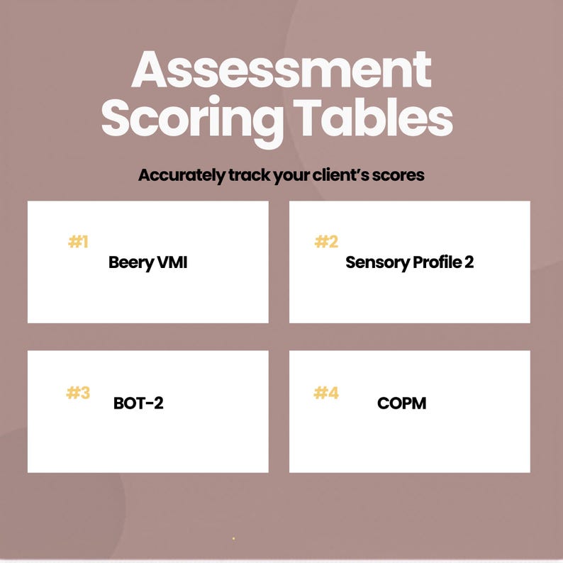 May include: A graphic with the text "Assessment Scoring Tables" and "Accurately track your client's scores." Four white rectangles display the titles: Beery VMI, Sensory Profile 2, BOT-2, and COPM. The background is a muted brown.