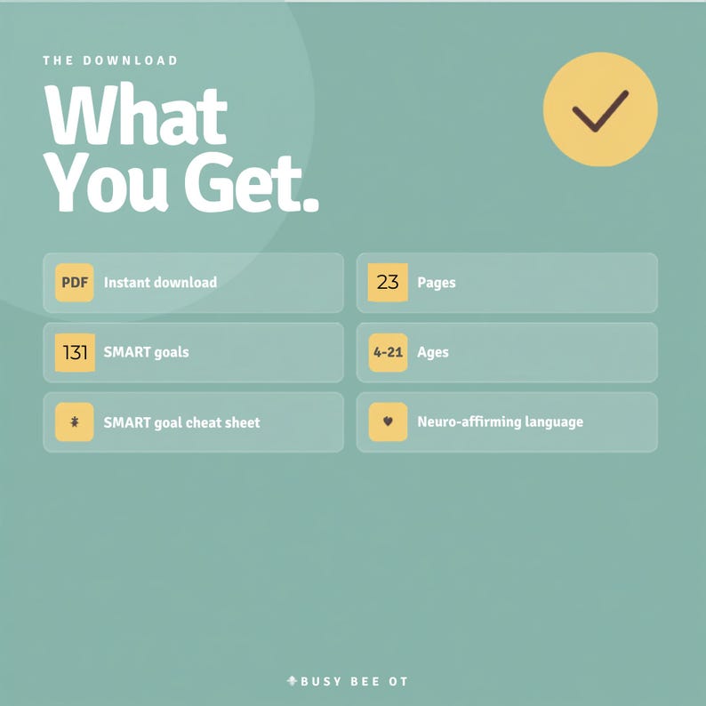 以下が含まれることがあります： セージグリーンの背景に「The Download What You Get」というテキストが書かれたデジタルダウンロードのインフォグラフィック。23ページ、131のSMARTゴール、対象年齢4〜21歳、SMARTゴールチートシート、神経肯定的な言語が記載されています。チェックマーク付きの黄色い円が含まれています。