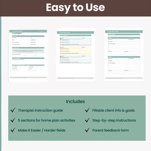 Może przedstawiać: Trzy szablony dokument&oacute;w cyfrowych z szałwiowo-zielonymi nagł&oacute;wkami i białym tłem. Tekst zawiera 'Easy to Use' oraz 'Includes', po kt&oacute;rych następuje lista funkcji, takich jak instrukcja dla terapeuty, dane klienta do wypełnienia oraz formularz opinii dla rodzic&oacute;w.