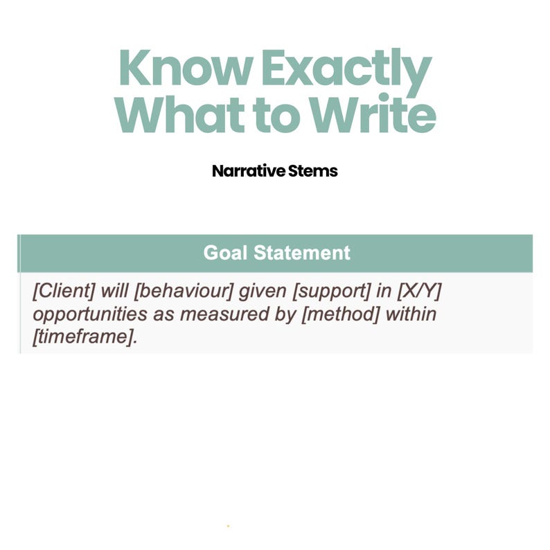 May include: A white background with the text "Know Exactly What to Write" in a teal font. Below, it says "Narrative Stems". A teal-colored box reads "Goal Statement" and includes a fill-in-the-blank sentence.