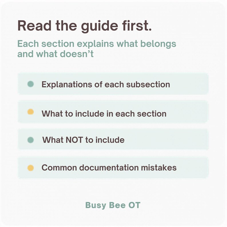 K&ouml;nnte beinhalten: Eine wei&szlig;e Informationsgrafik mit dunklem Text: Read the guide first. Each section explains what belongs and what doesn't. Sie enth&auml;lt vier Aufz&auml;hlungspunkte: Explanations of each subsection, What to include in each section, What NOT to include und Common documentation mistakes. Der untere Text lautet Busy Bee OT.