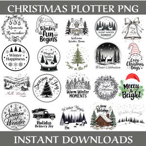 Può includere: Una collezione di design PNG a tema natalizio. I design includono scene invernali, frasi di festa ed elementi festivi come case innevate, alberi di Natale e renne. Il testo include "Winter Fun Begins" e "Merry & Bright".