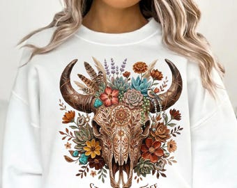 Penseelstreepjes op een stier- of koeienschedel PNG | Bloemen in westernstijl | Boho-rustieke Wild West-afbeelding | Digitale download