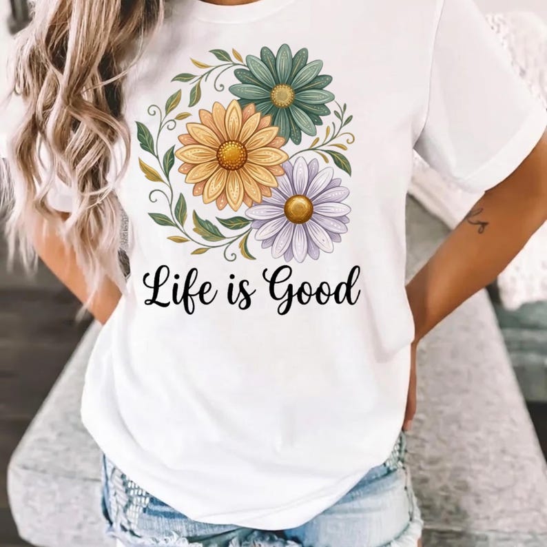 La vida es buena PNG, cita positiva floral retro, diseño de camiseta con flores de verano preppy, sublimación imagen 3