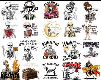 Paquete PNG de calaveras sarcásticas divertidas, PNG de humor para adultos, esqueleto divertido, diseños de citas sarcásticas y atrevidas digitales