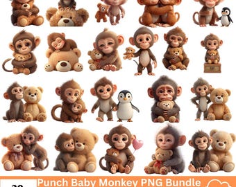 Punch Baby Monkey PNG Bundle, Viral Emotional Plush Monkey Pack Sublimation Design, Digital Download