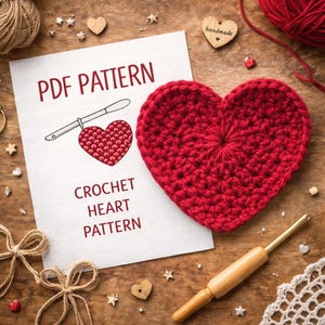 Può includere: Un cuore rosso all'uncinetto e un uncinetto sono posizionati vicino a un modello PDF stampato per un cuore all'uncinetto. Il modello include un disegno di un cuore e un uncinetto. Le parole "PDF PATTERN" e "CROCHET HEART PATTERN" sono stampate sulla carta.