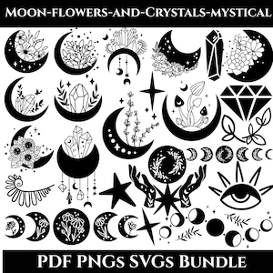 Könnte beinhalten: Schwarz-weißes digitales Kunstpaket mit himmlischen und mystischen Elementen. Enthält Halbmonde, Kristalle, Blumen, Sterne, Hände und ein Auge. Der Text oben lautet "MOON-FLOWERS-AND-CRYSTALS-MYSTICAL" und unten "PDF PNGS SVGS BUNDLE".