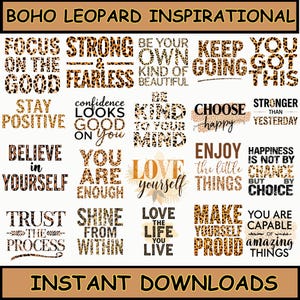 Könnte beinhalten: Eine Sammlung inspirierender Zitate im Boho-Leopardenmuster. Sätze wie „Konzentriere dich auf das Gute“, „Sei deine eigene Art von Schönheit“ und „Liebe das Leben, das du lebst“. Die Wörter sind in verschiedenen Schriftarten und Farben.