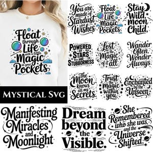Könnte beinhalten: Weißes Sweatshirt mit dem Text "Float through Life with a little Magic in your Pockets" und bunten Blasengrafiken. Zusätzliche Designs beinhalten inspirierende Zitate und himmlische Elemente.