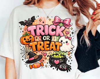 Trick or Treat PNG Halloween Ghost Pumpkin Sublimation Design Striped Brushstroke Digital