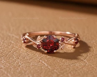 Hexagon Ruby Ring | 14K Rose Gold Twig & Leaf Engagement Ring