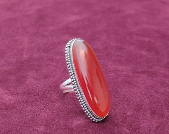 Natural Red Carnelian Statement 925 Sterling Silver, Large Oval Gemstone Ring,