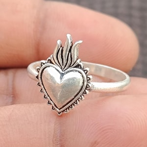 Anillo de llama de corazón de plata esterlina 925, anillo de estilo único hecho a mano, joyería religiosa sagrada de declaración,