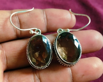 Smokey Quartz Earrings, Silver Dangle, Oval Faceted Brown Gemstone Drop Earrings