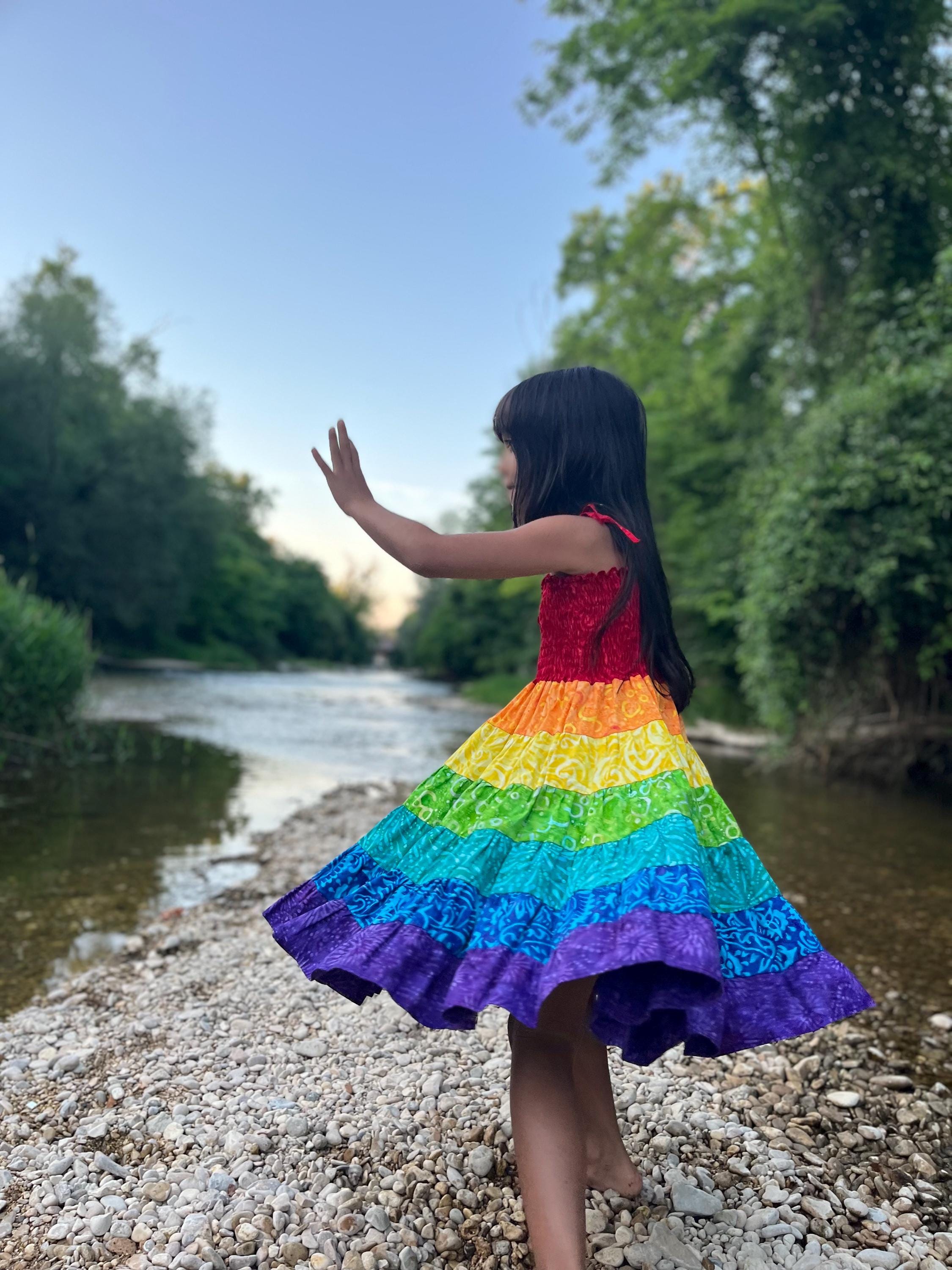 rainbow dress cotton on Boho Patchwork Girls Maxi Dress: Handmade Rainbow Cotton Sundress
