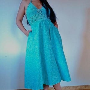 Handmade Blue Crochet & Floral Midi Dress with Matching Hat – Boho Summer Outfit