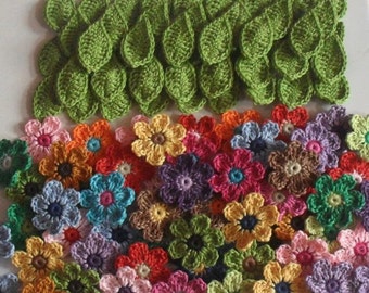 100 pcs mix lot Crochet Flower and leaves Scrapbooking, Applique, Embellishment