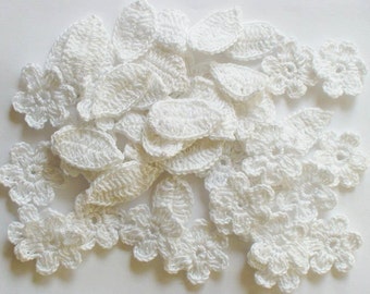 100 pcs mix lot Crochet Flower and leaves Scrapbooking, Applique, Embellishment - White