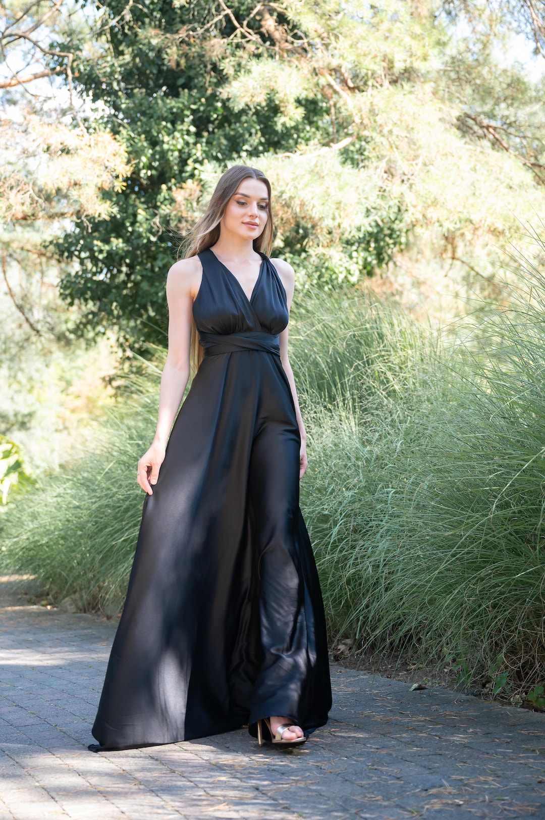 black satin backless maxi dress MO&Co. Noir Women's Silk Backless Spaghetti Black Maxi Dress Slit Detail Black Size S