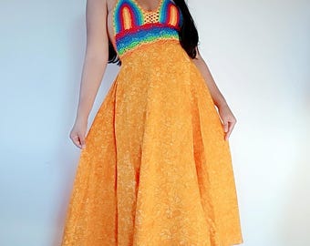Handmade Rainbow Crochet & Floral Midi Dress with Matching Hat – Boho Summer Outfit