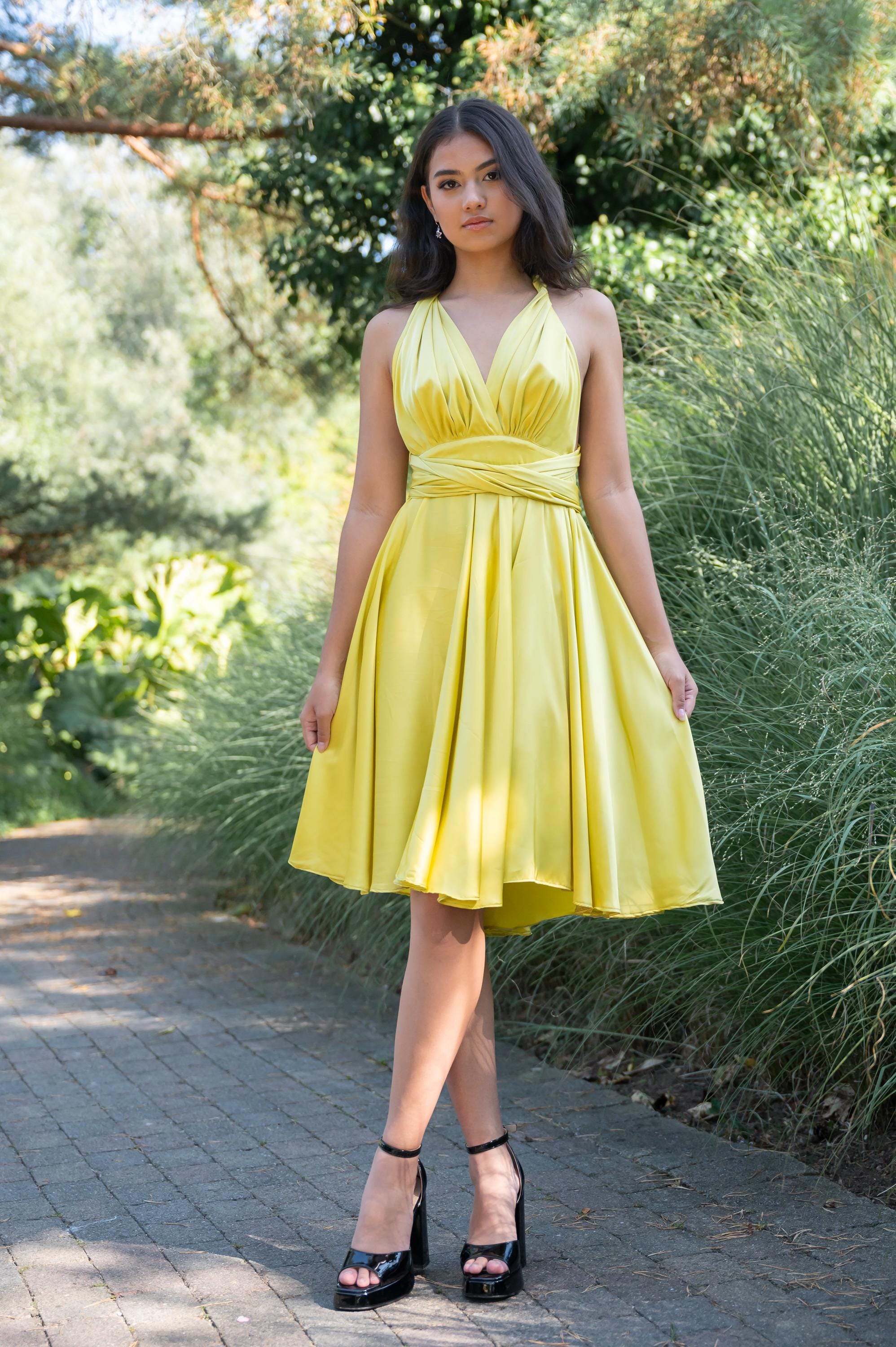 yellow backless satin dress Astlee Yellow Satin Formal Maxi Dress - US 2