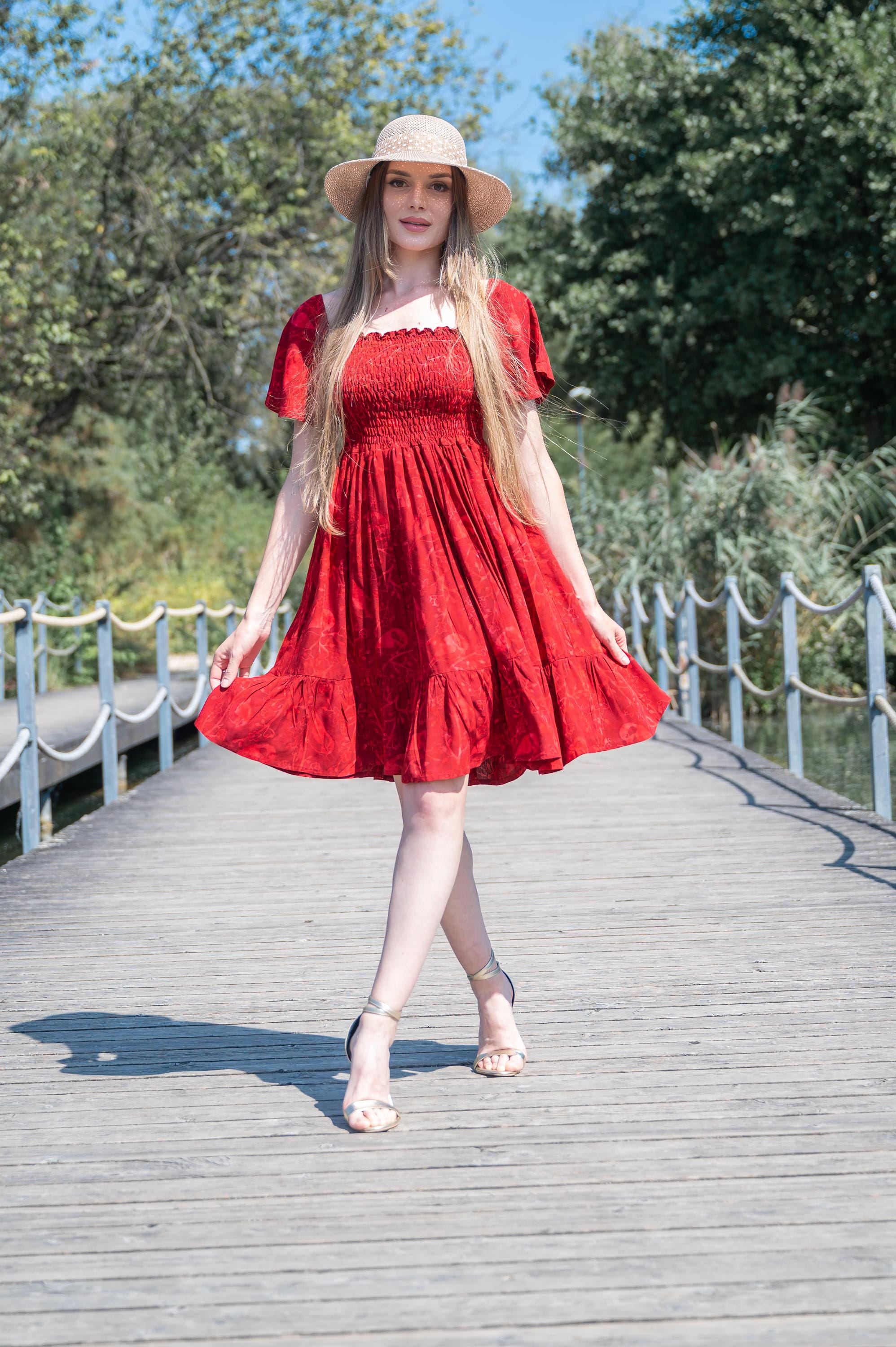 red batik dress Red Batik Short Dress - Flowy Fit, Ruffled Hem, Boho Chic - Summer Beachwear
