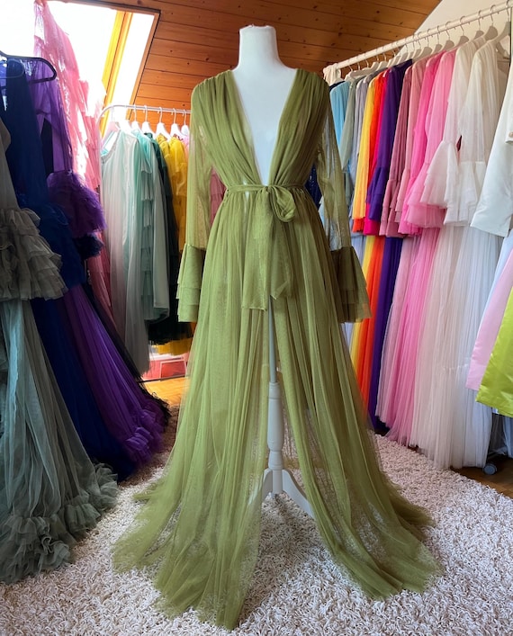 Olive Green Sheer Tulle Robe - Bridal Boudoir Gown