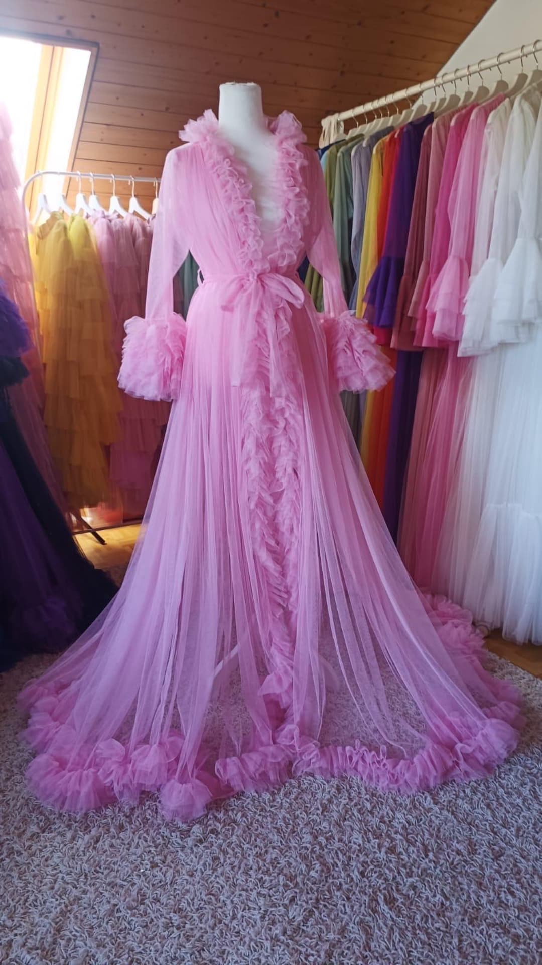 Pink Ruffle Glinda Robe Pink Tulle Ruffle Robe | Sheer Long Gown With Train - Etsy