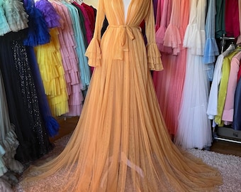 Sheer Tulle Robe: Long Ruffle Sleeves, Bridal Boudoir Gown
