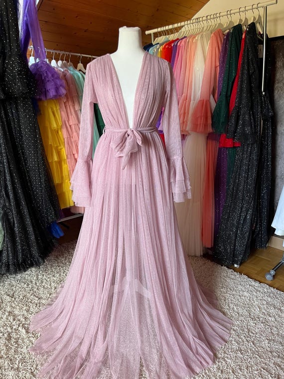 glitter robe dress Taylor Sparkle Mesh Bridal Robe with Sweep Train