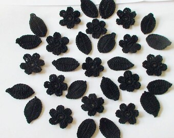 100 pcs mix lot Crochet Flower and leaves Scrapbooking, Applique, Embellishment Black