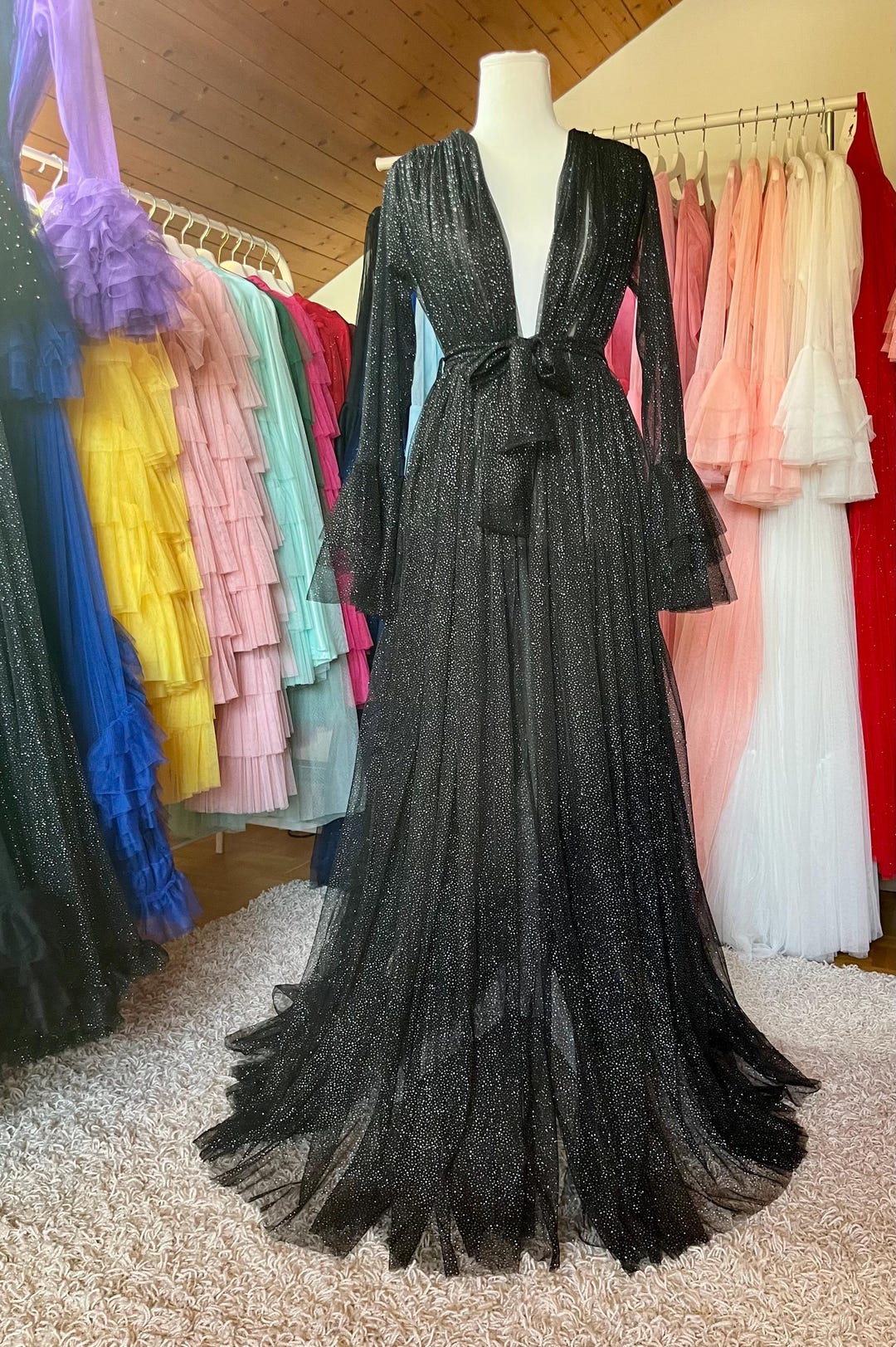 Sparkling Robe Black Sparkle Tulle Robe: Sheer Glitter Gown, Bell Sleeves - Etsy