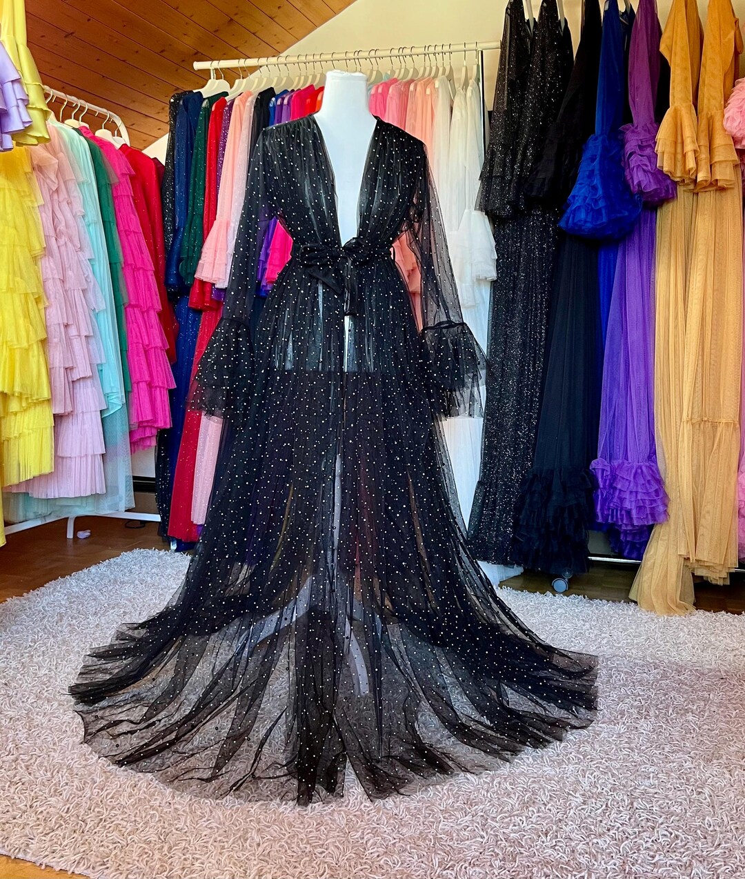 Sparkling Robe Black Sparkling Tulle Robe | Sheer Long Robe | Glamour Photoshoot or ...
