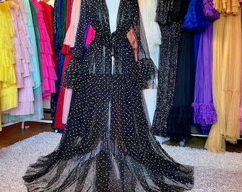 Black Sparkling Tulle Robe | Sheer Long Robe | Glamour Photoshoot or Bridal Dressing Gown