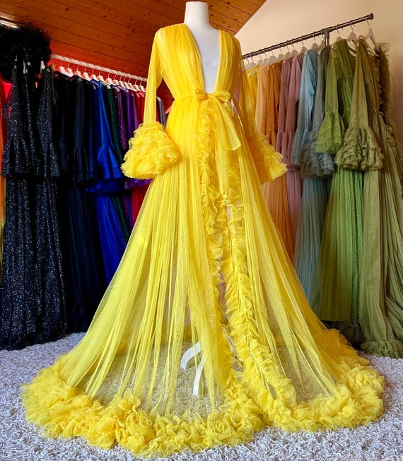 Yellow Sheer Tulle Ruffle Robe: Bridal Lingerie, Beach Cover-Up
