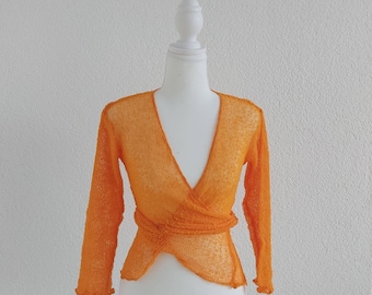 Knitted Bolero Jacket - Orange colour with Ties