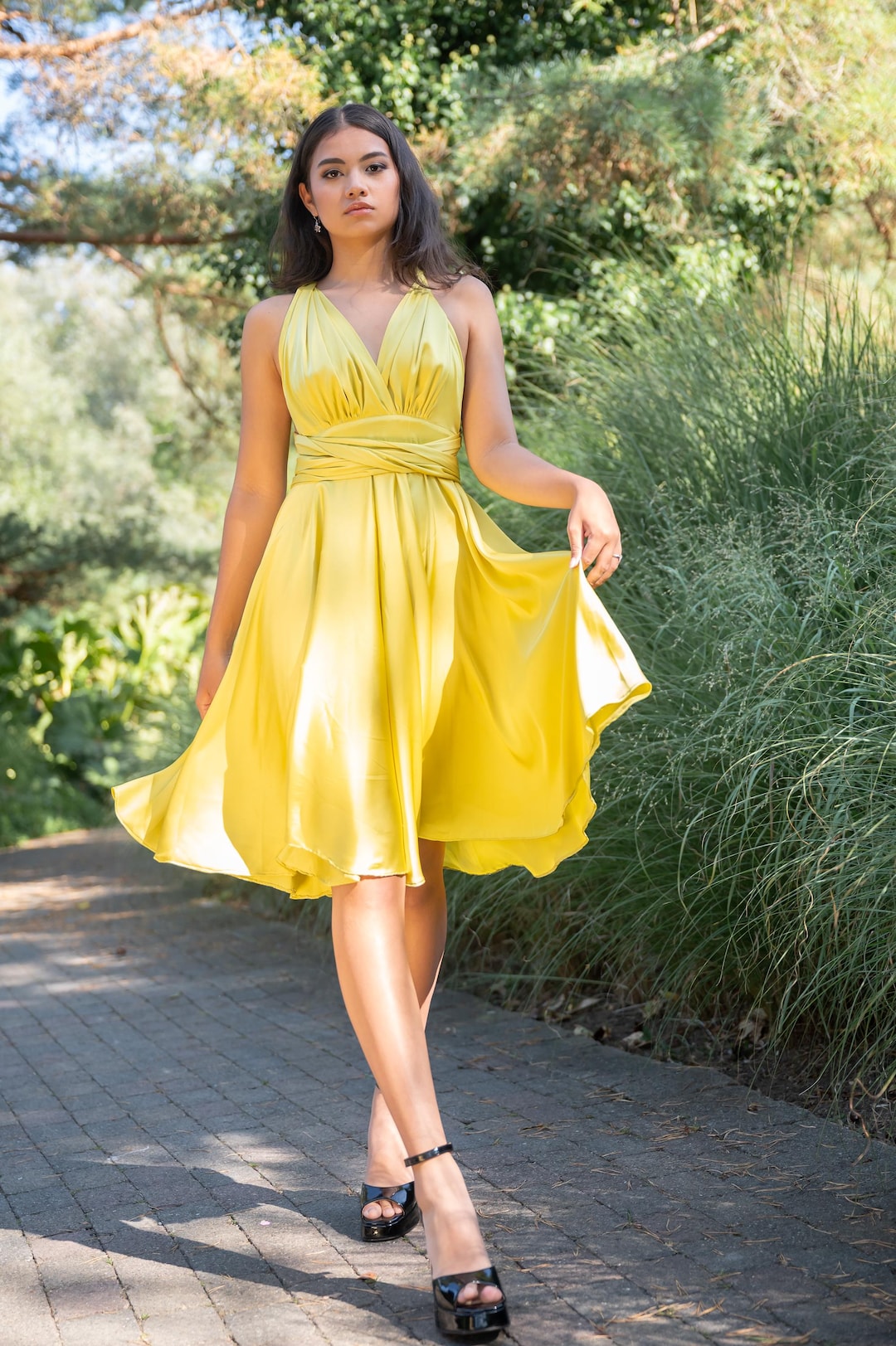 yellow satin backless dress Yellow Silk Backless Halter Dress