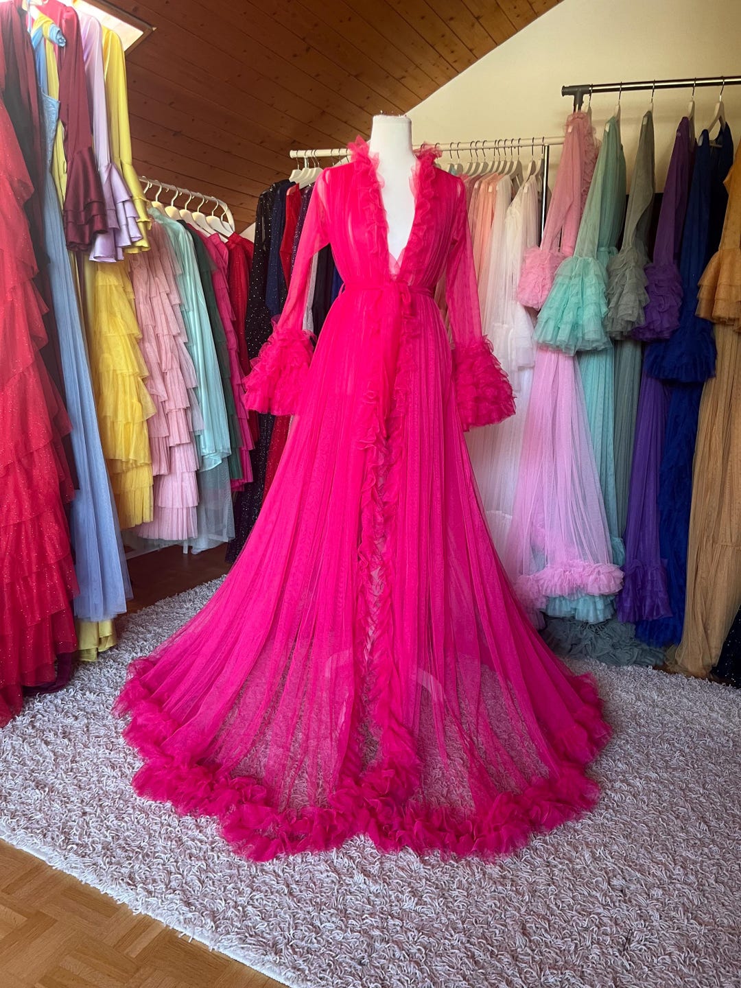 Cookies Pink Ruffle Robe Hot Pink Tulle Ruffle Robe | Sheer Long Gown - Etsy