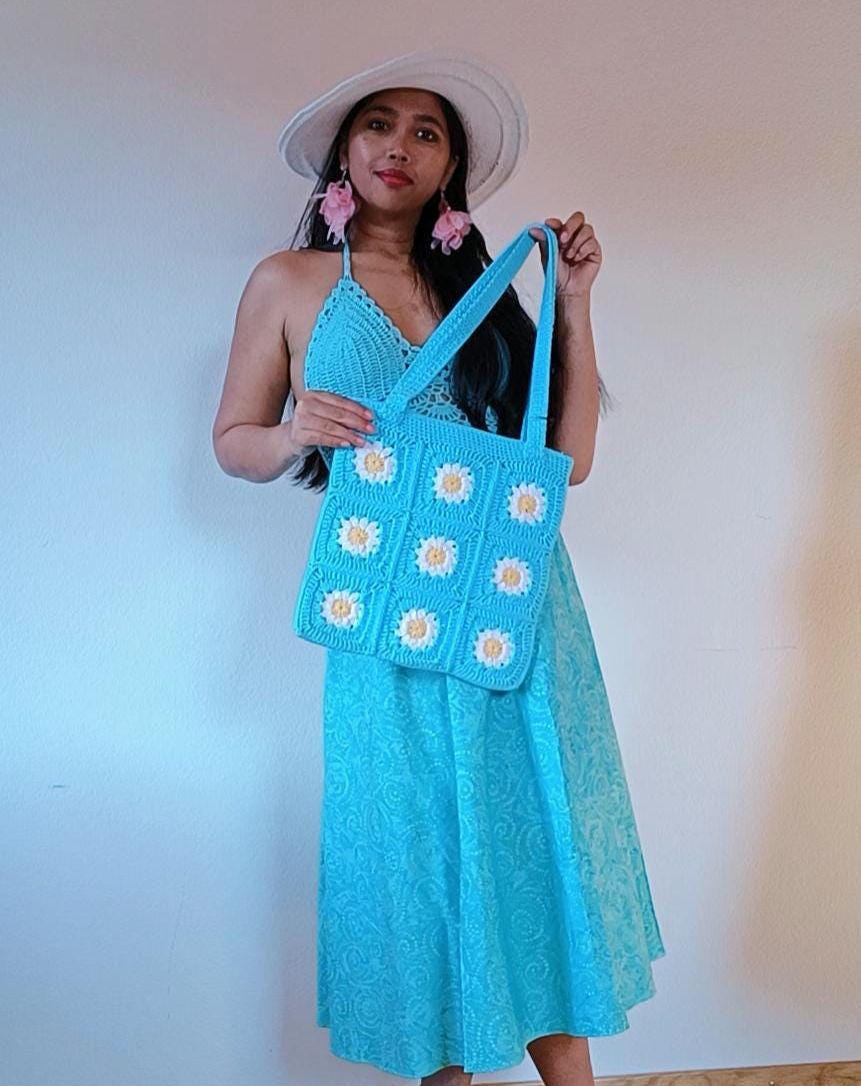 Handmade Blue Crochet & Floral Midi Dress with Matching Hat - Boho Summer Outfit