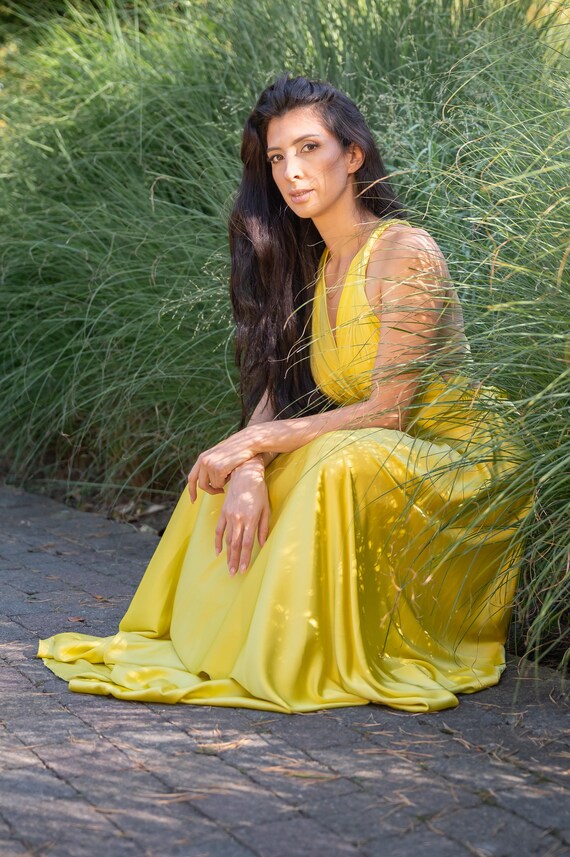 Handmade Yellow Satin Maxi Dress: Halter Neck Backless Formal Gown - Etsy  Israel