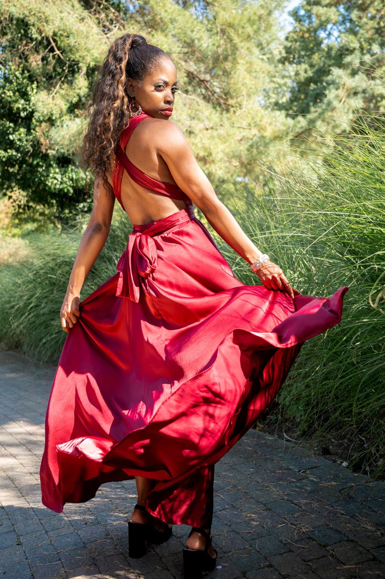 Sansa | Burgundy Satin Cross Halter-Neck Plisse Maxi Dress