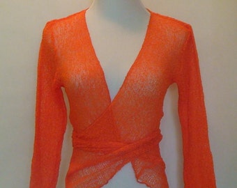 Knitted Bolero Jacket - Orange with Ties